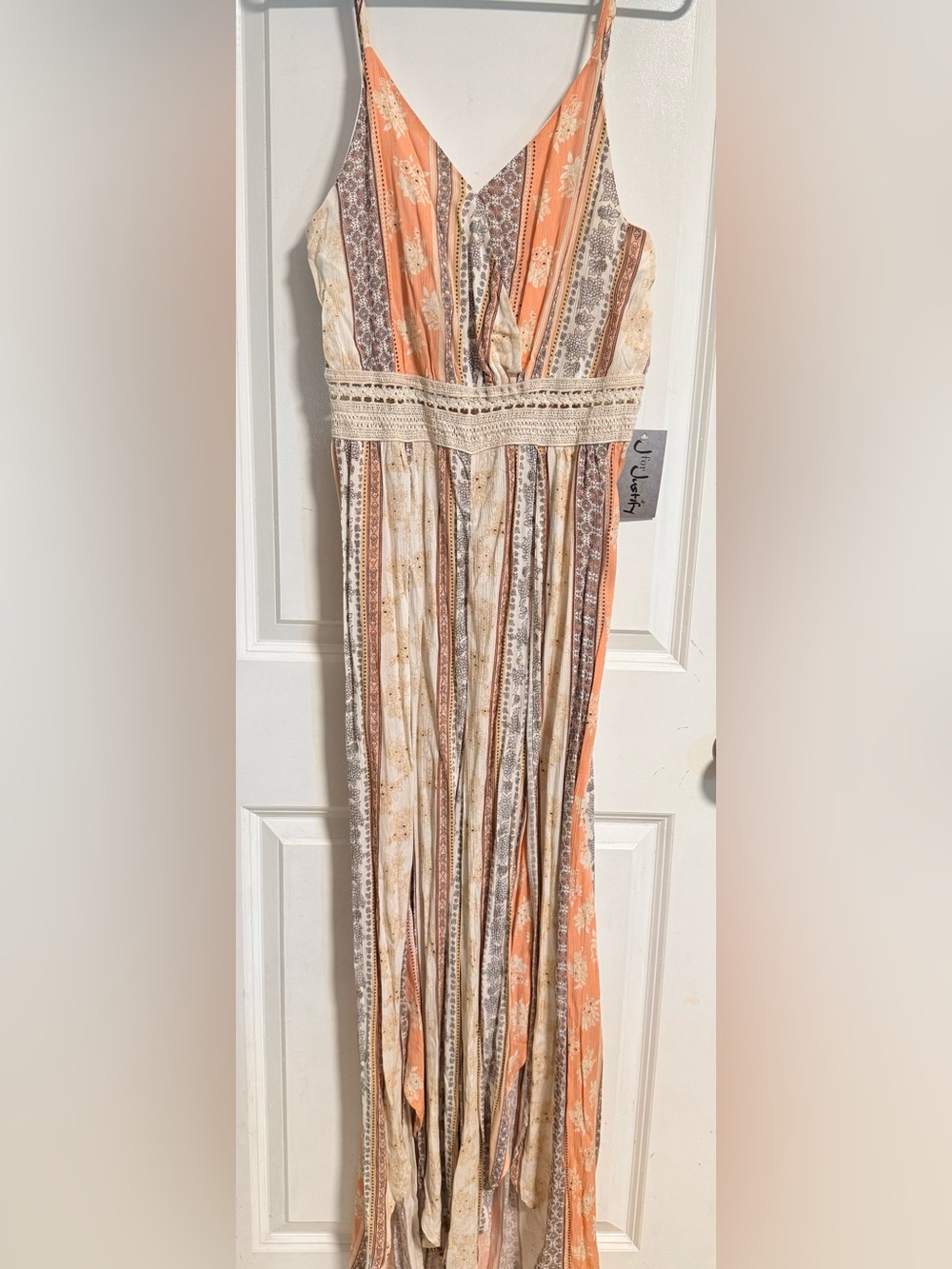 J for Justify Striped Floral Maxi Jumpsuit in Peach, Cream, and Brown